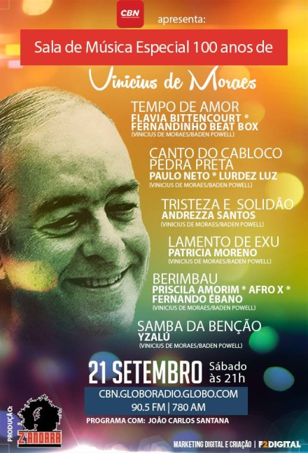 Dia 21/setembro (sábado) às 21h – Remake Vinicius de Moraes